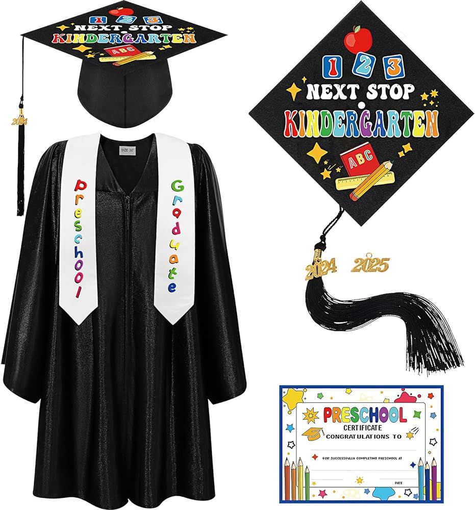 4 Pcs Kindergarten Preschool Graduation Cap and Gown with 2024 Tassel Graduation Stole and Certificate for Toddler Kids | Amazon (US)