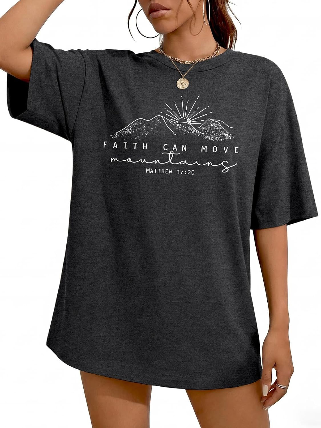 Christian Shirts for Women Oversized Faith Can Move Mountains Shirt Religious Jesus Faith Tshirt Bible Verse Graphics Tees | Amazon (US)