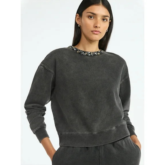 Scoop Women’s and Women's Plus Mineral Washed Rhinestone Crewneck Sweatshirt, Sizes XS-4X - Wal... | Walmart (US)