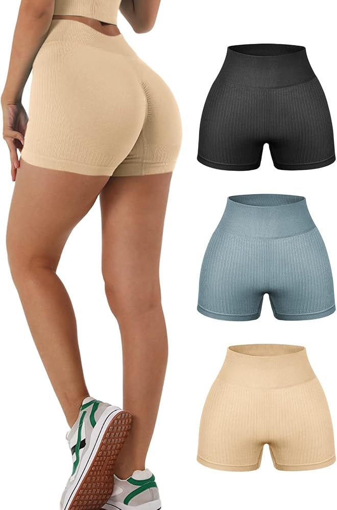 Aleumdr 3 Pack High Waisted Workout Shorts for Women Yoga Ribbed Seamless Athletic Gym Leggings | Amazon (US)