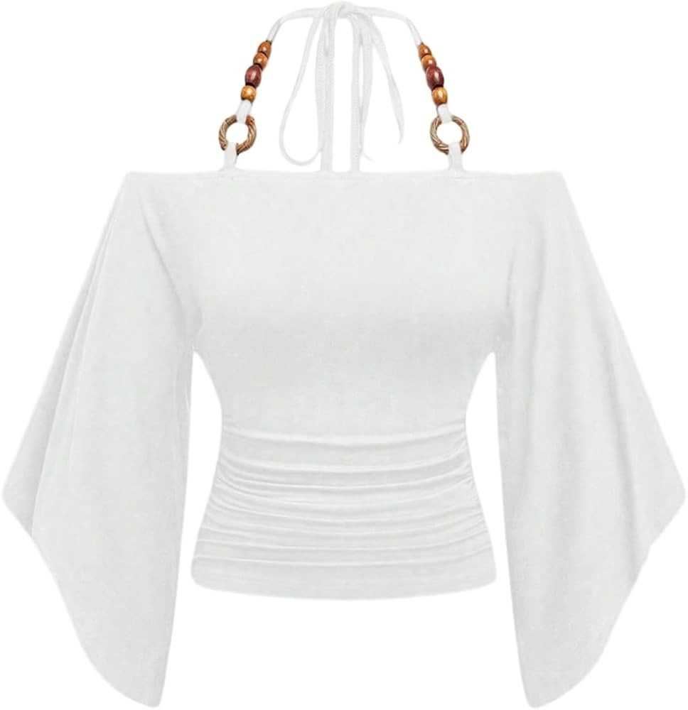 Verdusa Women's Y2k Halter Tops Hippie Off The Shoulder Cinched Waist Going Out Tops Boho Bell Sl... | Amazon (US)