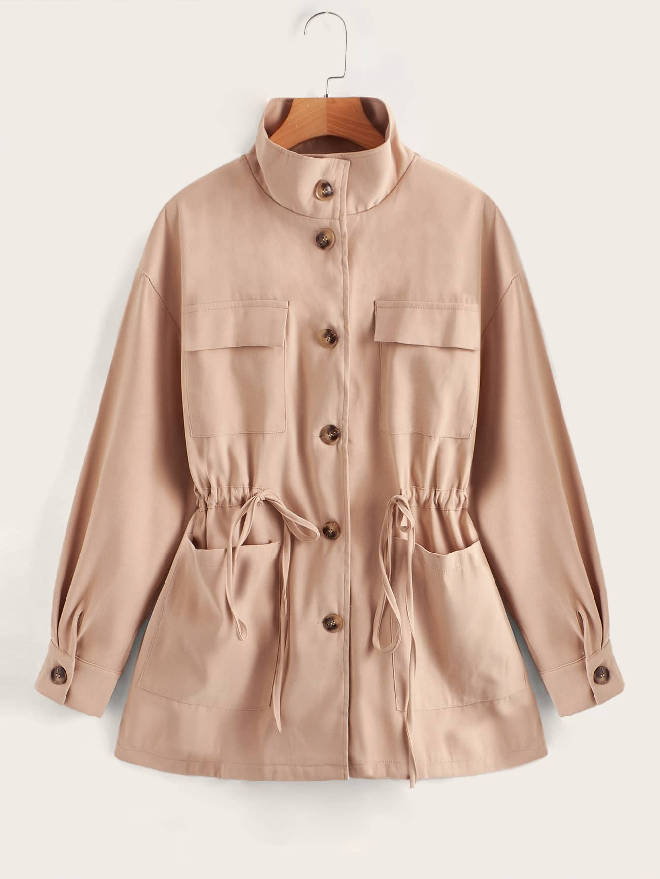 SHEIN Drawstring Blouson Button Front Coat | SHEIN