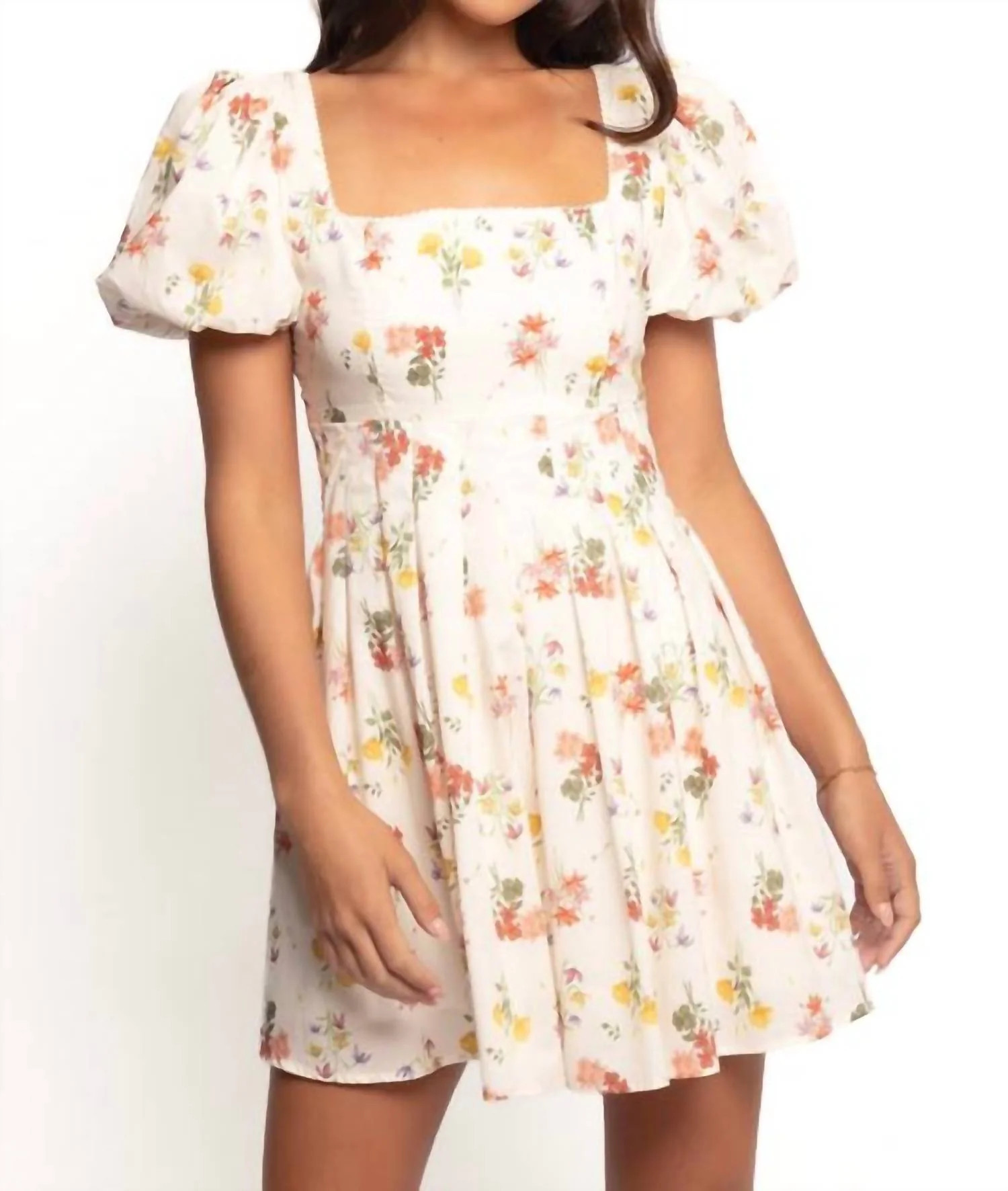 Floral Square Neck Dress In Cream | Shop Simon