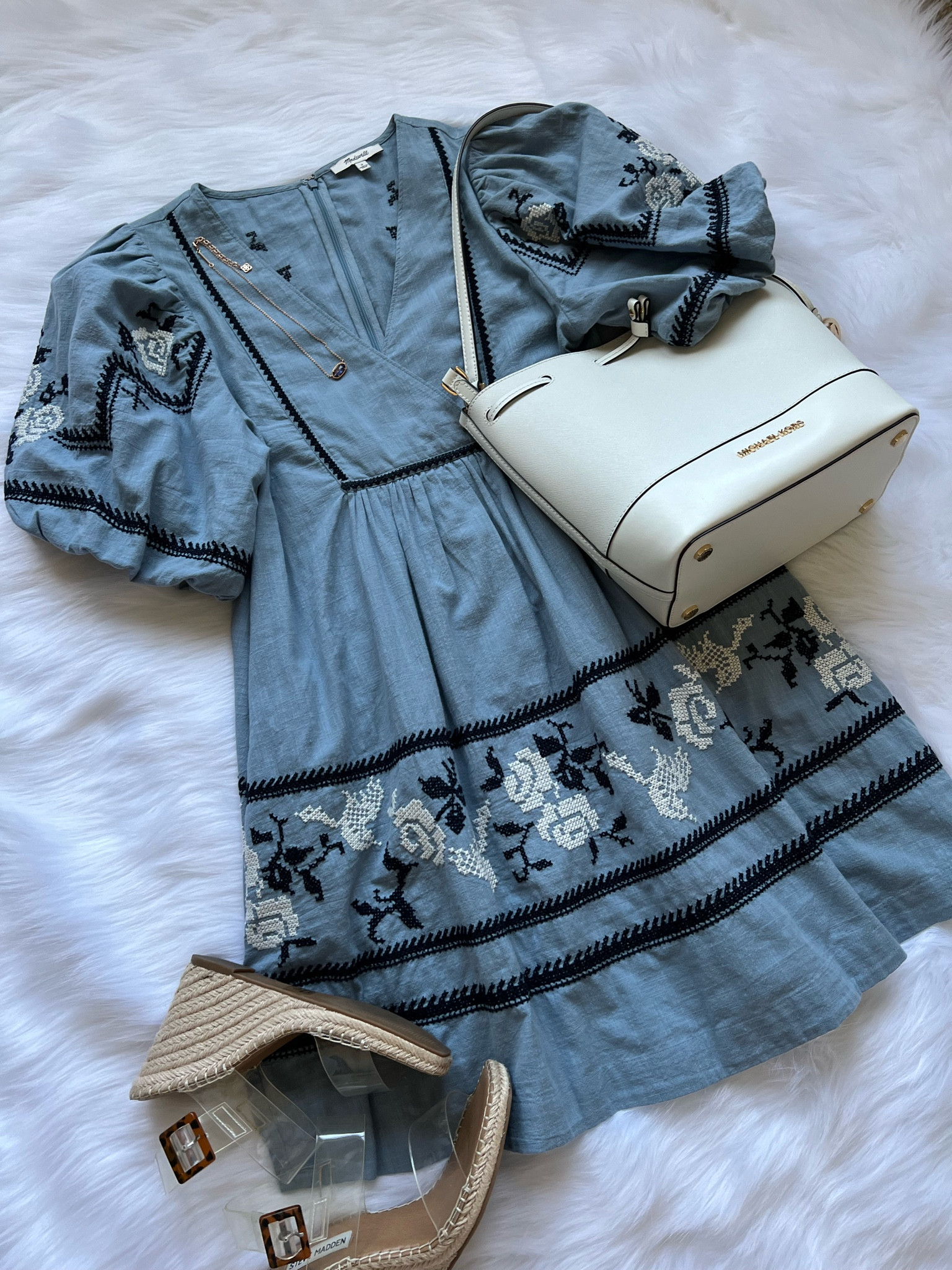Madewell dress, embroidered dress, Steve Madden cork heel wedges, MK bucket bag, date night outfit, work wear outfit

#LTKfit #LTKshoecrush #LTKstyletip