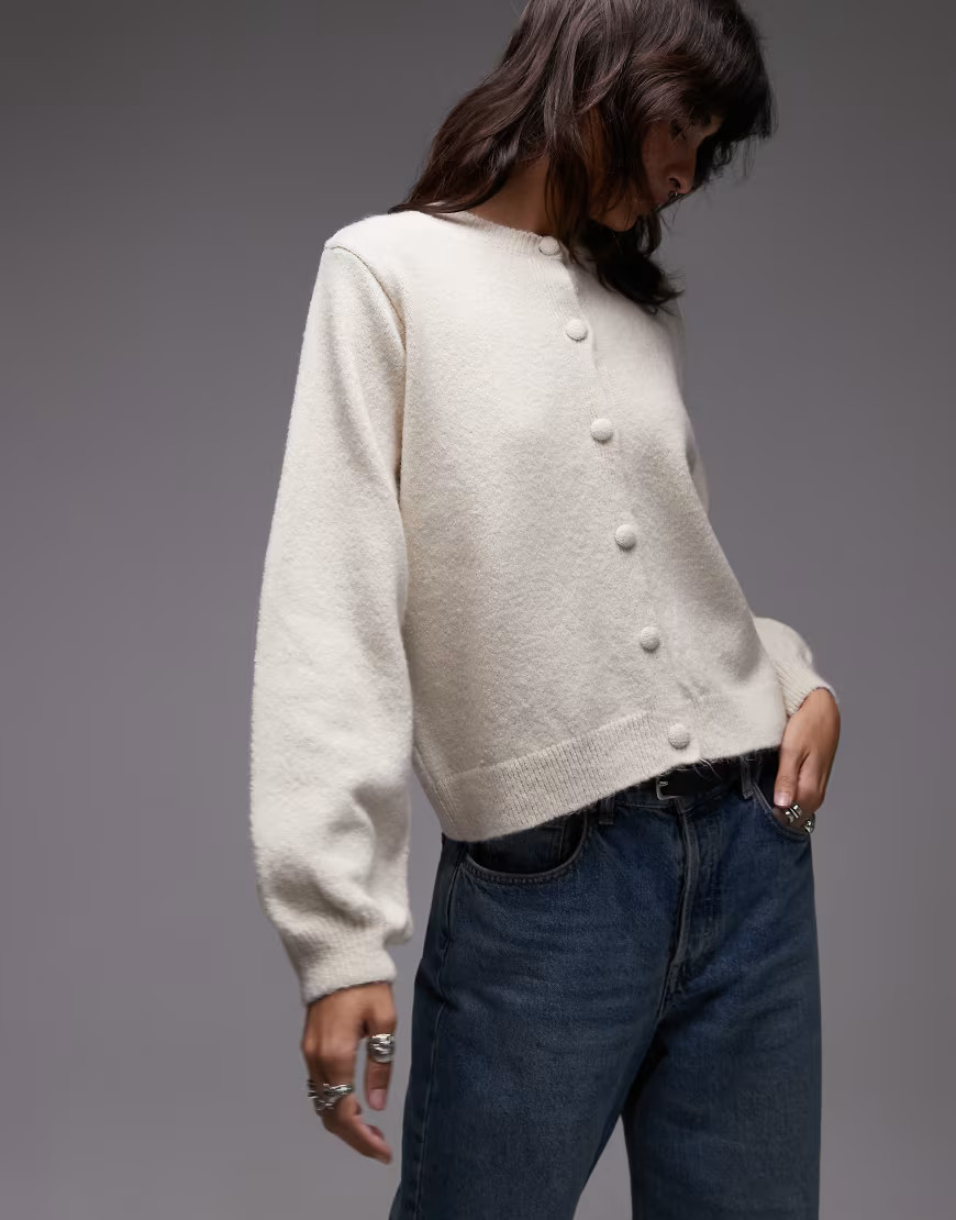 ASOS DESIGN fluffy knit cardigan with blouson sleeve detailing in cream-White | ASOS (Global)