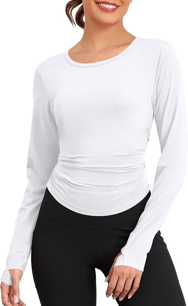 TAIPOVE Pima Cotton Long Sleeve Workout Tops for Women High Crew Neck Athletic Shirts Side Ruched... | Amazon (US)