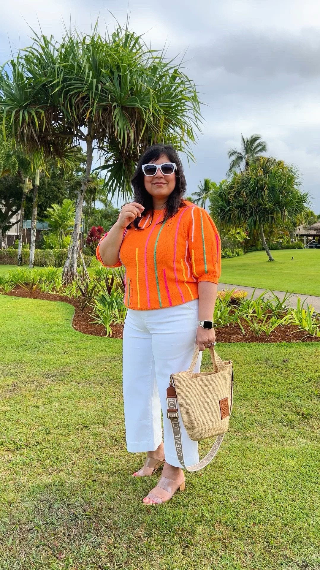 Vacation outfit! Avara THML Hello Happiness sweater size large. Spanx wide leg cropped pants size XL petite. Schutz sandals true to size. Loewe crossbody raffia bag. All of these pieces make great gifts for the holidays! 

Use code ANITA15 to get 15% off your first purchase at Avara! 

#LTKTravel #LTKWatchNow #LTKMidsize