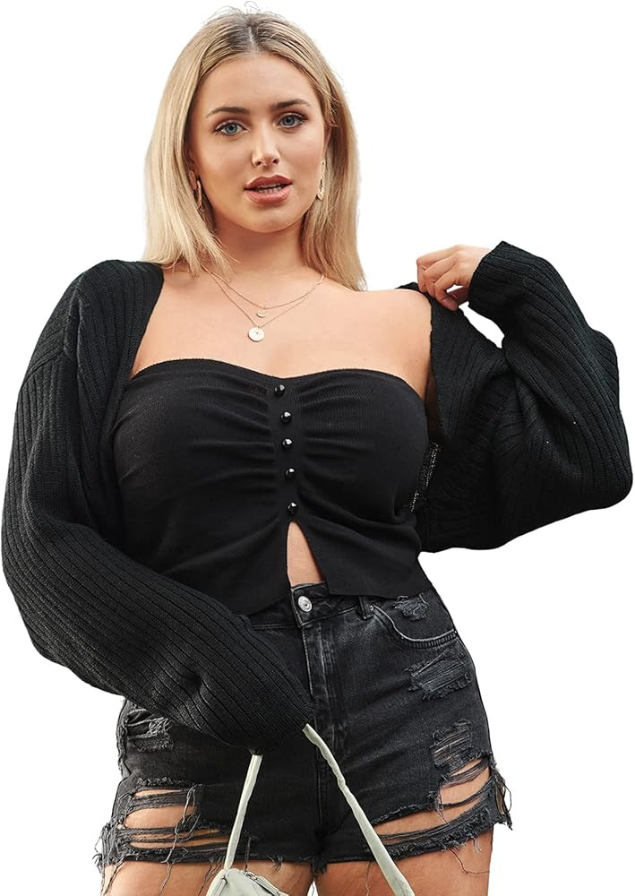SheIn Women's Long Sleeve Open Front Crop Cardigan Drop Shoulder Shrug Ribbed Knit Bolero Sweater | Amazon (US)