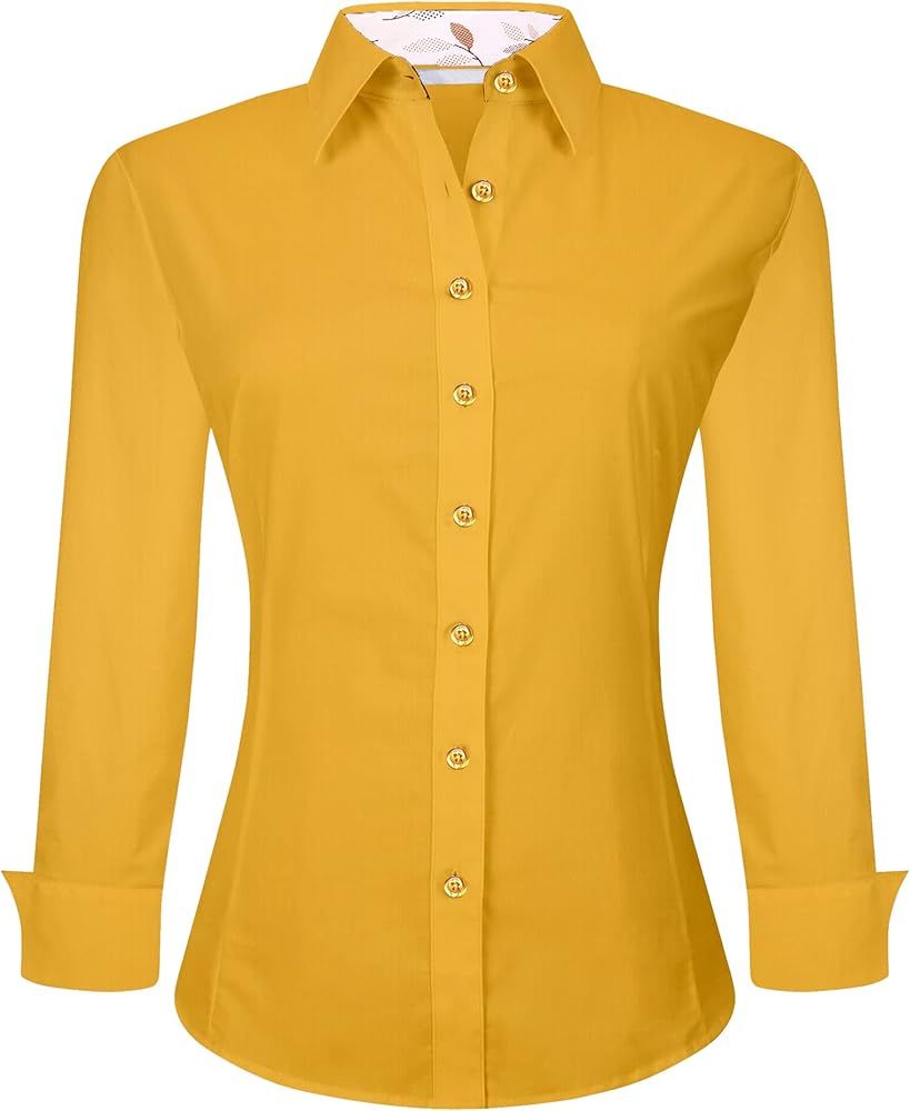 SAMERM Womens Cotton Stretch Button Down Shirt Regular Fit Long Sleeve Work Office Blouse Dress S... | Amazon (US)