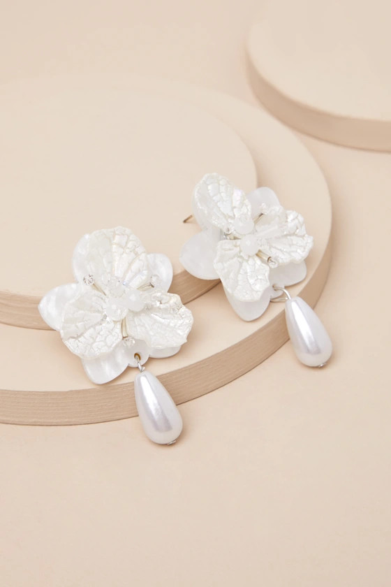 Elaborate Addition White Pearl Flower Statement Earrings | Lulus
