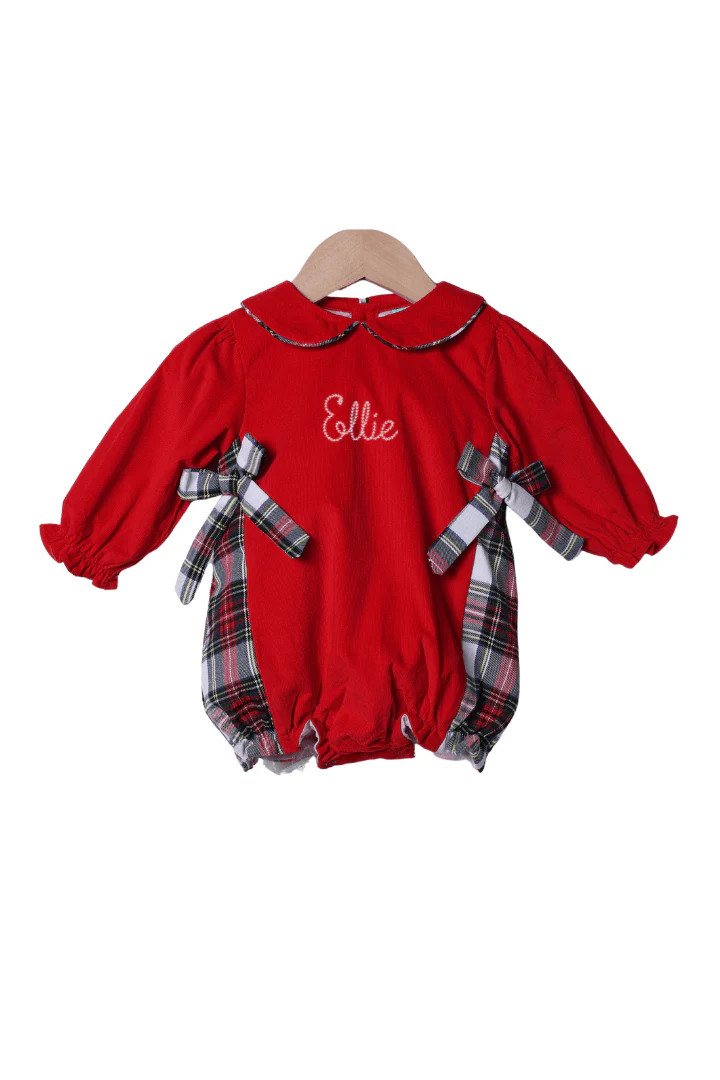 Red Corduroy Tartan Bow Bubble | The Smocked Flamingo