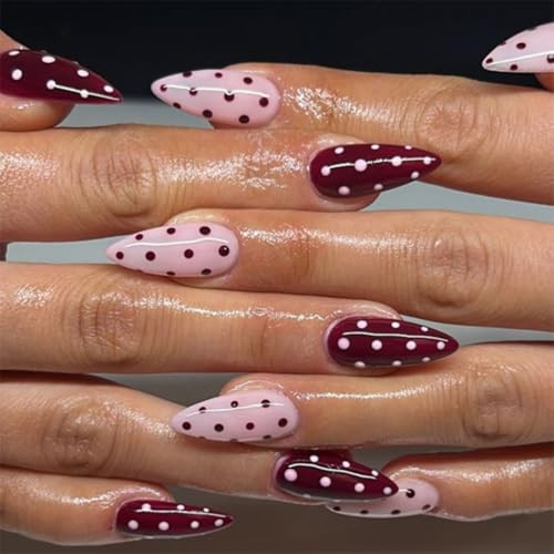 Polka Dot Press on Nails Medium Almond Fake Nails Burgundy Pink Nails Press ons with Design Full Cover Stick on Nails for Women Manicure,Reusable | Artificial | Nail Sticky Tabs | Easy Apply | 24Pcs | Amazon (US)