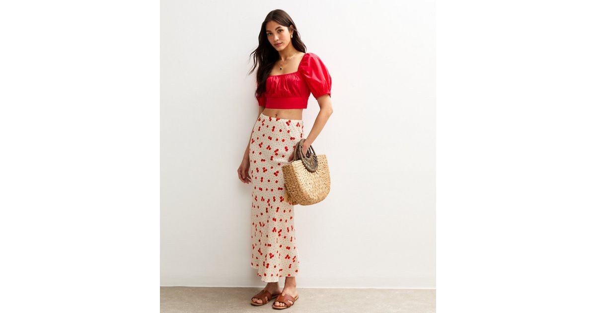 White Tomato Print Bias Cut Midi Skirt  | New Look | New Look (UK)
