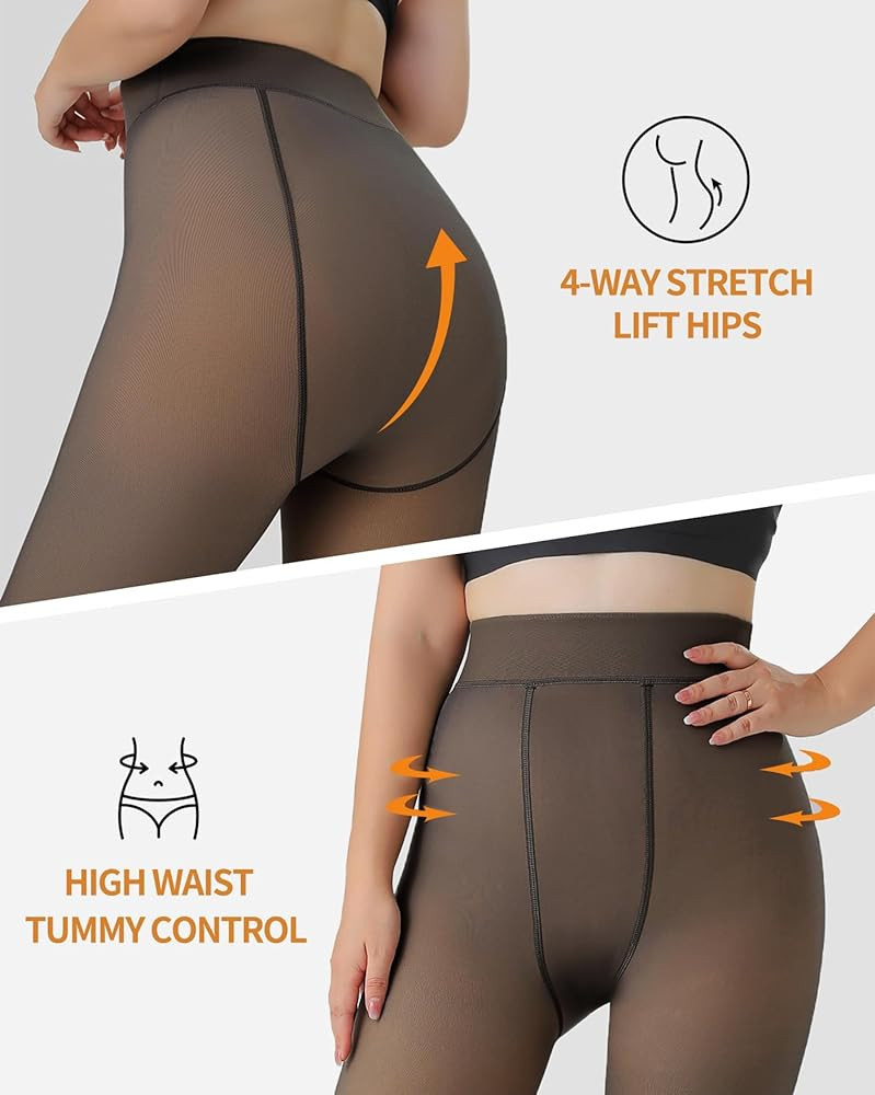 Ibeauti Womens Fleece Lined Tights Sheer Warm Fake Translucent Thermal Pantyhose | Amazon (US)