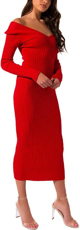 SheKiss Women's Off Shoulder Long Sleeves Bodycon Sweater Dress Sexy Knit Slim Cardigans | Amazon (US)