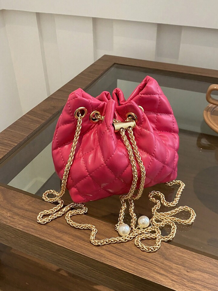 Fashionable Solid Color Diamond Grid Quilted Chain Bucket Mini Crossbody Bag, Suitable For Shoppi... | SHEIN