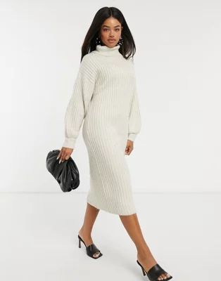 ASOS DESIGN midi rib dress with cowl neck in oatmeal | ASOS (Global)