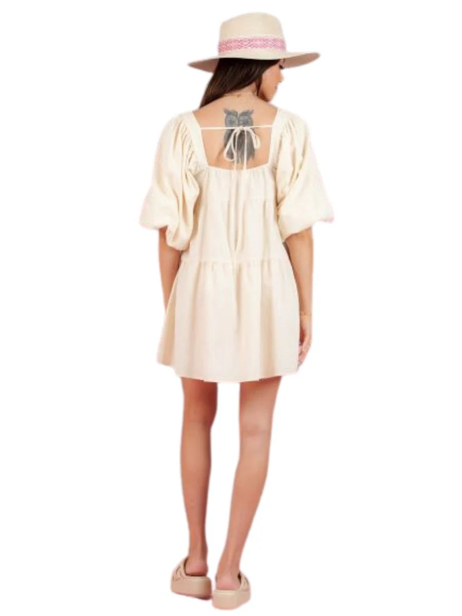 JEAN PUFF SLEEVE BABYDOLL DRESS-VANILLA | LUCCA COUTURE