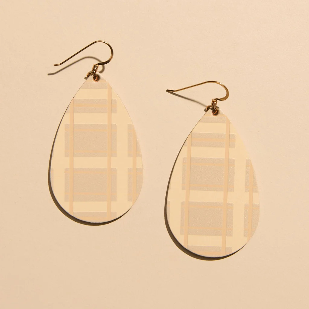 Ecru Cream Tartan Teardrop Leather Earrings | Nickel and Suede