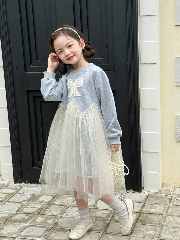 SHEIN Genkimix Kids Young Girl Crew Neck Butterfly Print Mesh Contrast Long Sleeve Dress | SHEIN