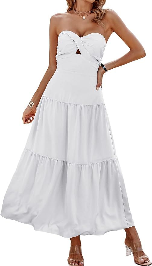 ECOWISH Women's Summer Strapless Dress 2023 Maxi Off Shoulder Hollow Out Smocked A Line Tube Tier... | Amazon (US)