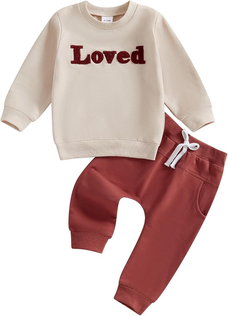 Gueuusu Toddler Baby Boy Girl Spring Fall Clothes Long Sleeve Loved Embroidery Sweatshirt Red Pan... | Amazon (US)