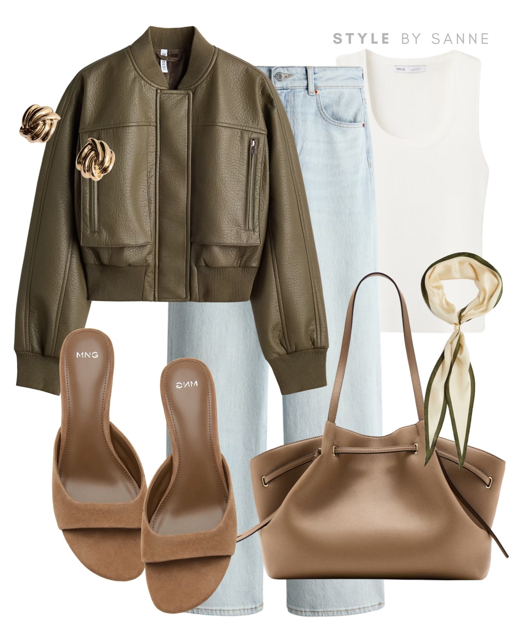 An olive bomber jacket combined with light denim creates a cool, modern contrast with earthy tones. Finished with soft neutral heels and a matching scarf for a feminine touch that balances the structured silhouette. 🫒

#LTKsummer #LTKstyletip #LTKworkwear