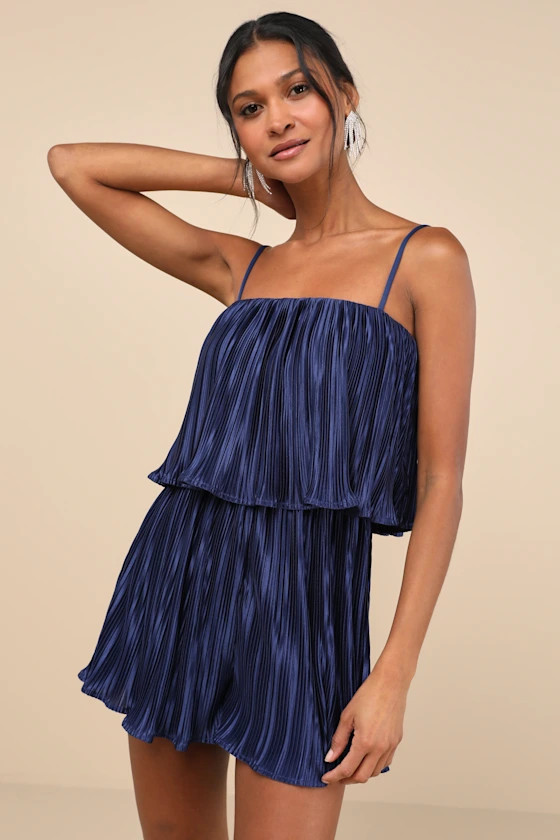 Fun Flirt Navy Blue Satin Plisse Sleeveless Romper | Lulus