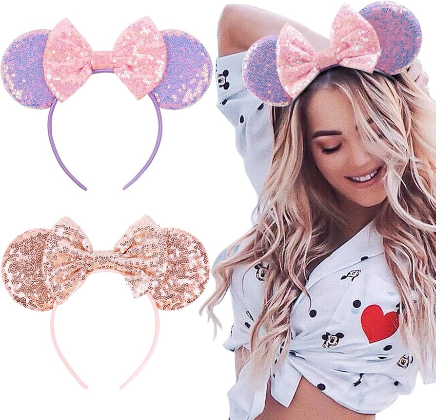 WOVOWOVO Mouse Ear Bow Headbands, Glitter Halloween Hairbands for Women Girls Princess Decoration... | Amazon (US)
