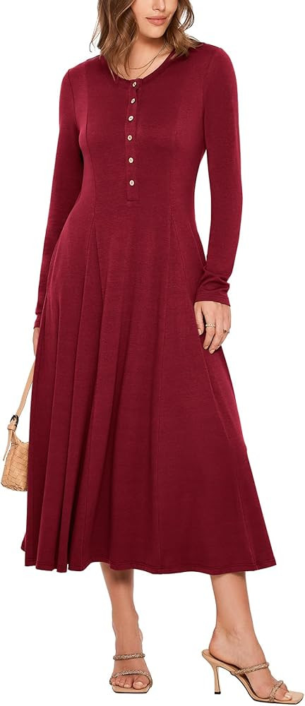 Glamaker Womens Long Sleeve Dress - 2025 Trendy Fashion Crew Neck Button Down Fit & Flare Fall Mi... | Amazon (US)
