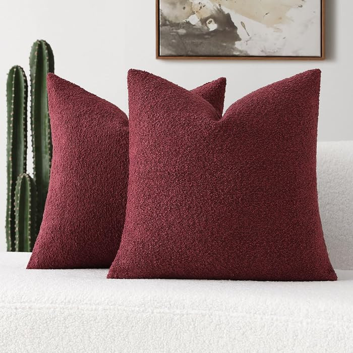 FUTEI Pack of 2 Burgundy Decorative Throw Pillow Covers 22x22 Inch Soft Cozy Solid Boucle Texture... | Amazon (US)
