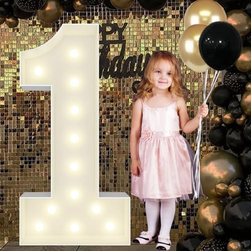 4FT Marquee Light Up Numbers Pre-Cut Frame Giant Marquee Numbers 1, Mosaic Numbers for Balloons, First 1st 21st Birthday Anniversary Decorations Party Decor | Amazon (US)