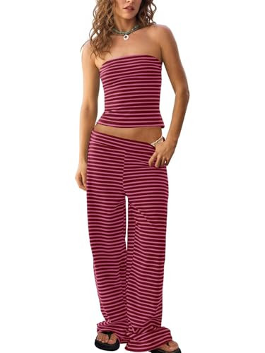 Tankaneo Womens Striped 2 Piece Sets Summer Strapless Crop Tube Tops Wide Leg Pants Matching Lounge Set Vacation Outfits | Amazon (US)