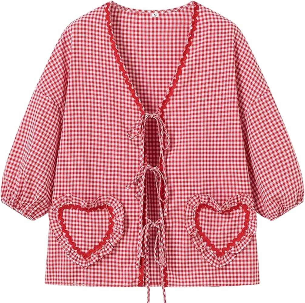 Yimoon Women Y2K 3/4 Puff Sleeve Peplum Plaid Gingham Lace Up Blouses Tie Front Tops Going Out Ru... | Amazon (US)