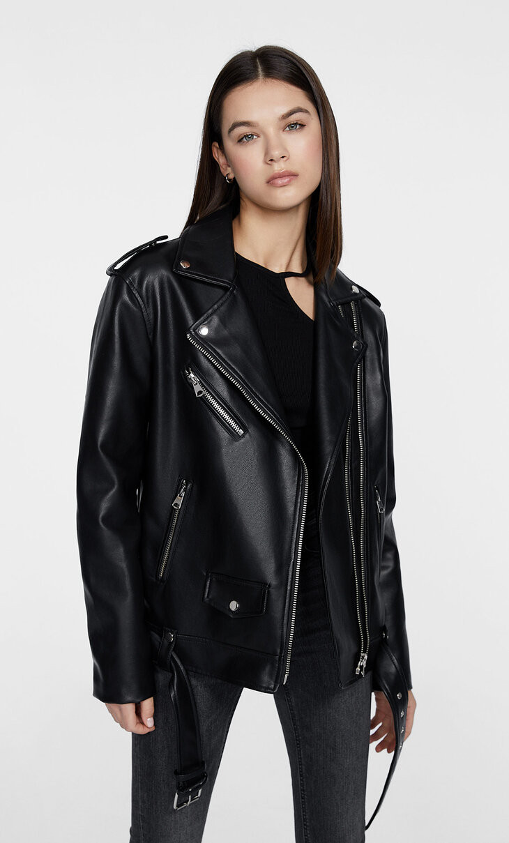 Oversized faux leather biker jacket - Women's fashion | Stradivarius United Kingdom | Stradivarius (UK)