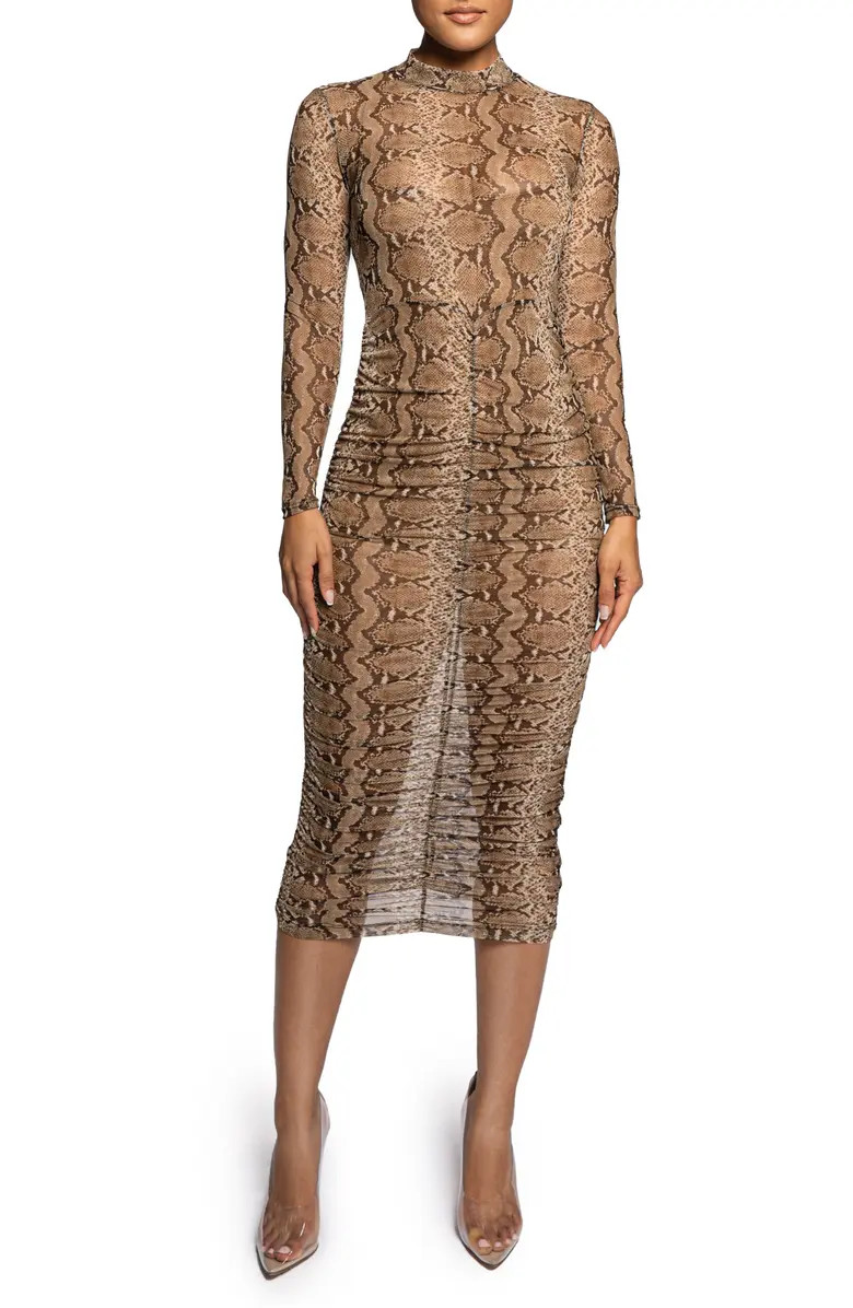 JLUXLABEL Boa Print Ruched Mesh Long Sleeve Midi Dress | Nordstrom | Nordstrom