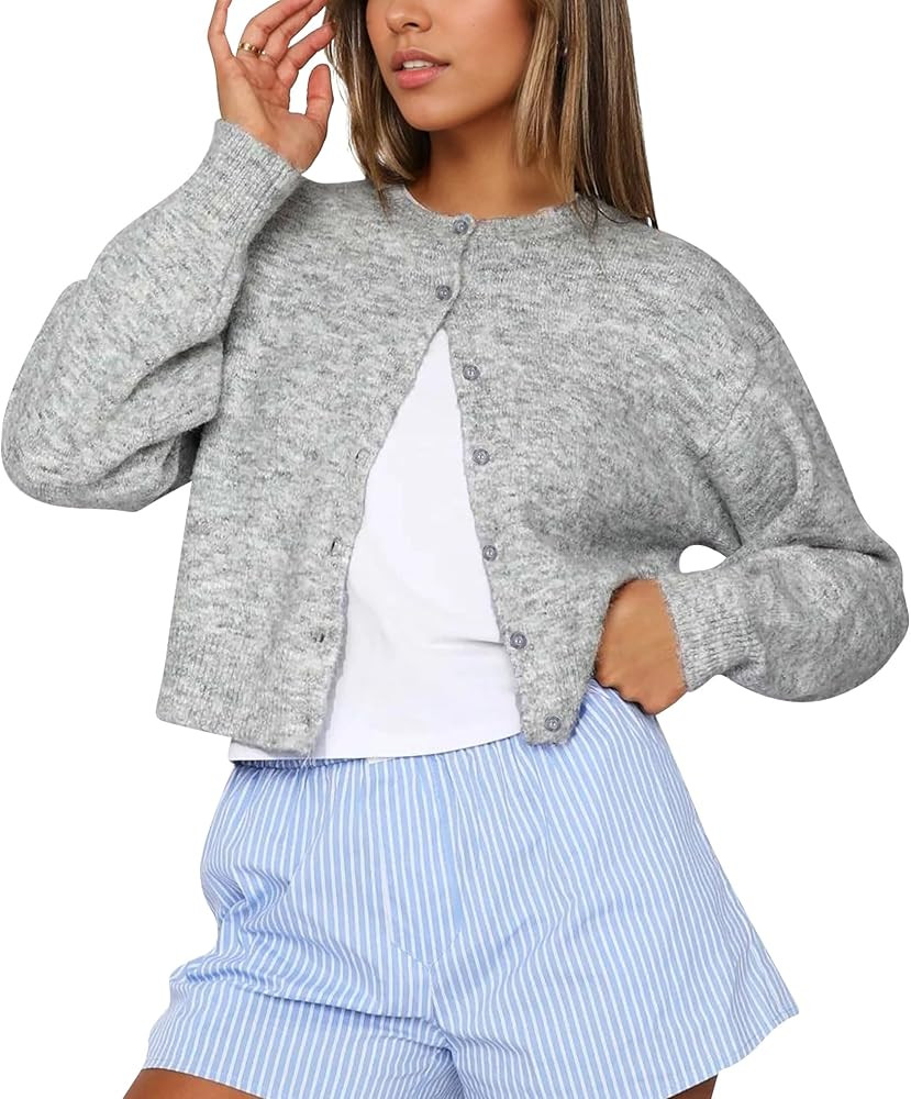 Cioatin Women Y2K Open Front Button Down Crop Sweater Cardigan Long Sleeve Lightweight Knit Pullo... | Amazon (US)