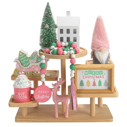 Pink Christmas Decorations 8 PCS Tiered Tray Decor Set, Cute Girlie Tabletop Christmas Decor for Home Shelf Mantel Fireplace Office Desk Coffee Bar Pastel Xmas Holiday Table Centerpieces Tray Objects | Amazon (US)