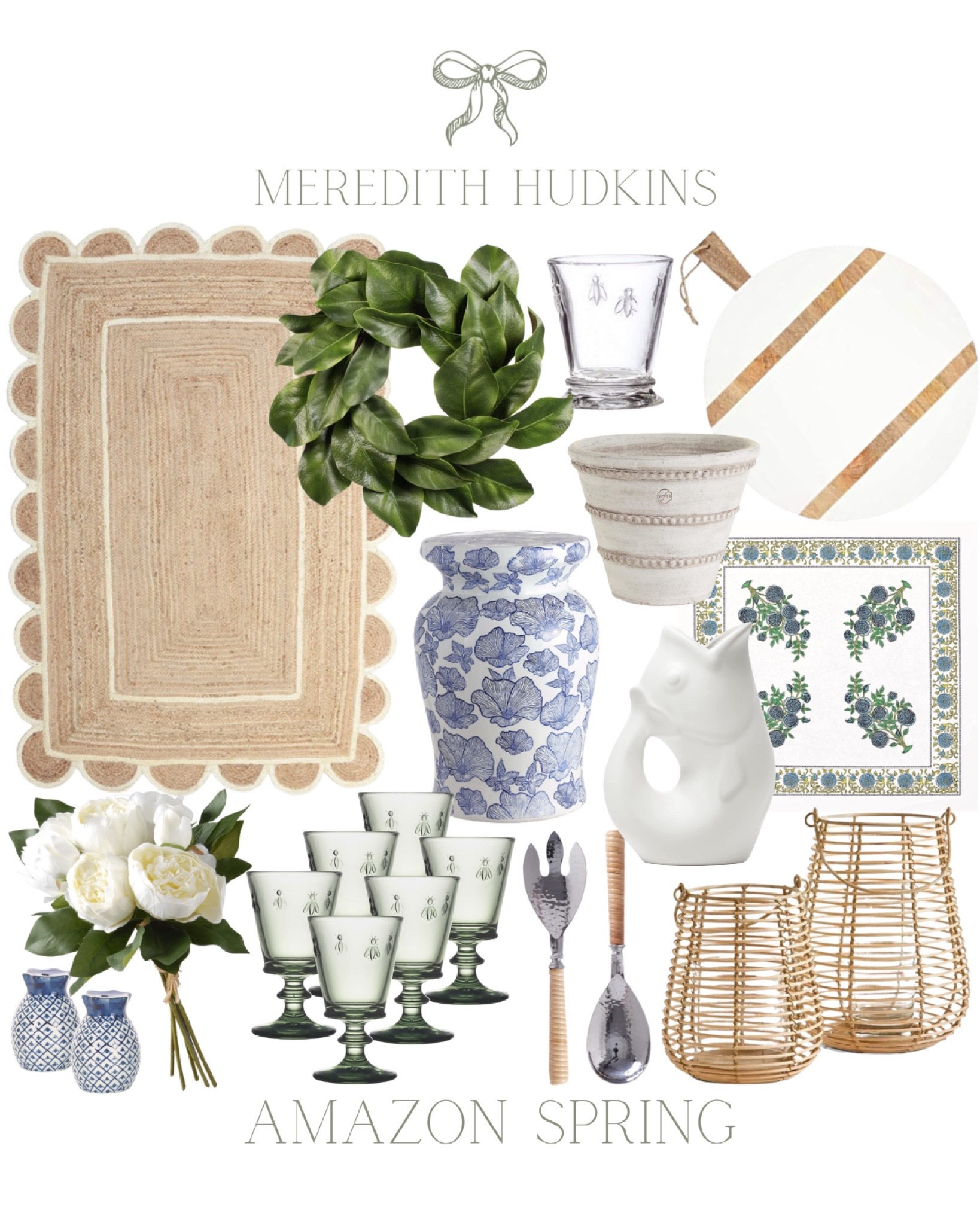 Spring Home Decor, woven rug, scalloped rug, jute rug, neutral rug, Magnolia wreath, drinking glasses, cloth napkin, blue and white home, charcuterie board, serving board, cutting board, outdoor living, flower pot, kitchen, dining room, serveware, pitcher, faux florals, artificial florals, ceramic garden store, Cane lanterns, patio, Amazon, puppy, classic, timeless, grand millennial, budget friendly home decor, summer,chinoiserie #LTKunder50 

#LTKhome #LTKSpringSale #LTKfindsunder50