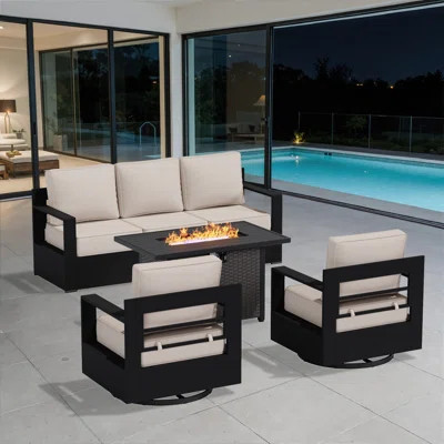 5-Person Patio Furniture Set with Fire Pit Table, 3-Seat Sofa & 2 Swivel Chairs with Cushions | Wayfair North America