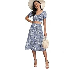 Amazon.com: LYANER Women's 2 Piece Outfits Floral Self Tie Knot Crop Top and Midi Skirt Set Yellow S | Amazon (US)