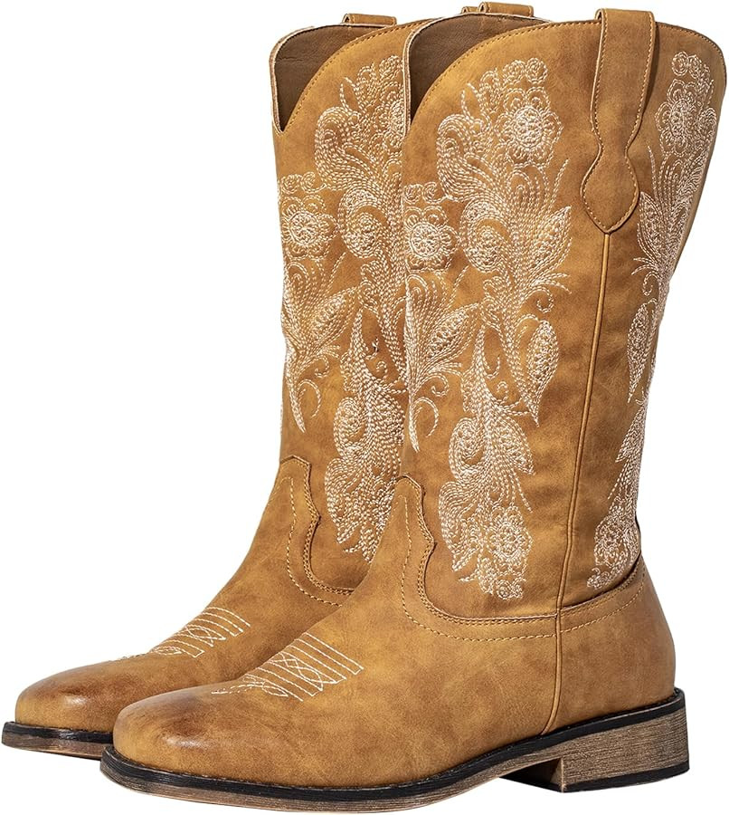 SheSole Wide Calf Cowboy Boots Women - Bold Cowgirl Western Square Toe, Hidden Stretch Panel & Cu... | Amazon (US)