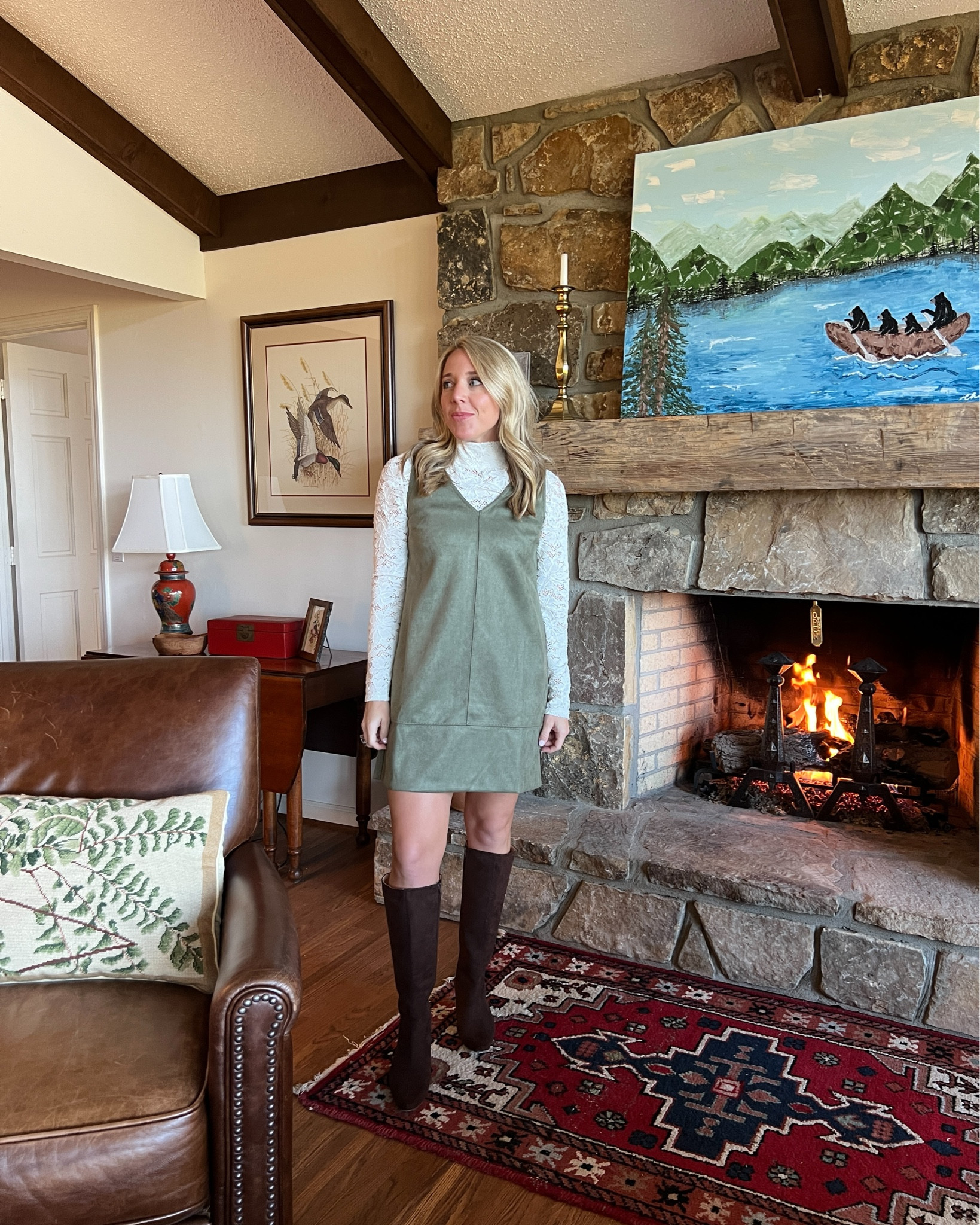 Thanksgiving outfit ideas: green suede shift dress, tall brown suede boots, lace turtleneck for layering! Add a cream corduroy blazer to complete the look! I’ll be wearing this all fall! 

All true to size  

#LTKHoliday #LTKSeasonal #LTKSaleAlert