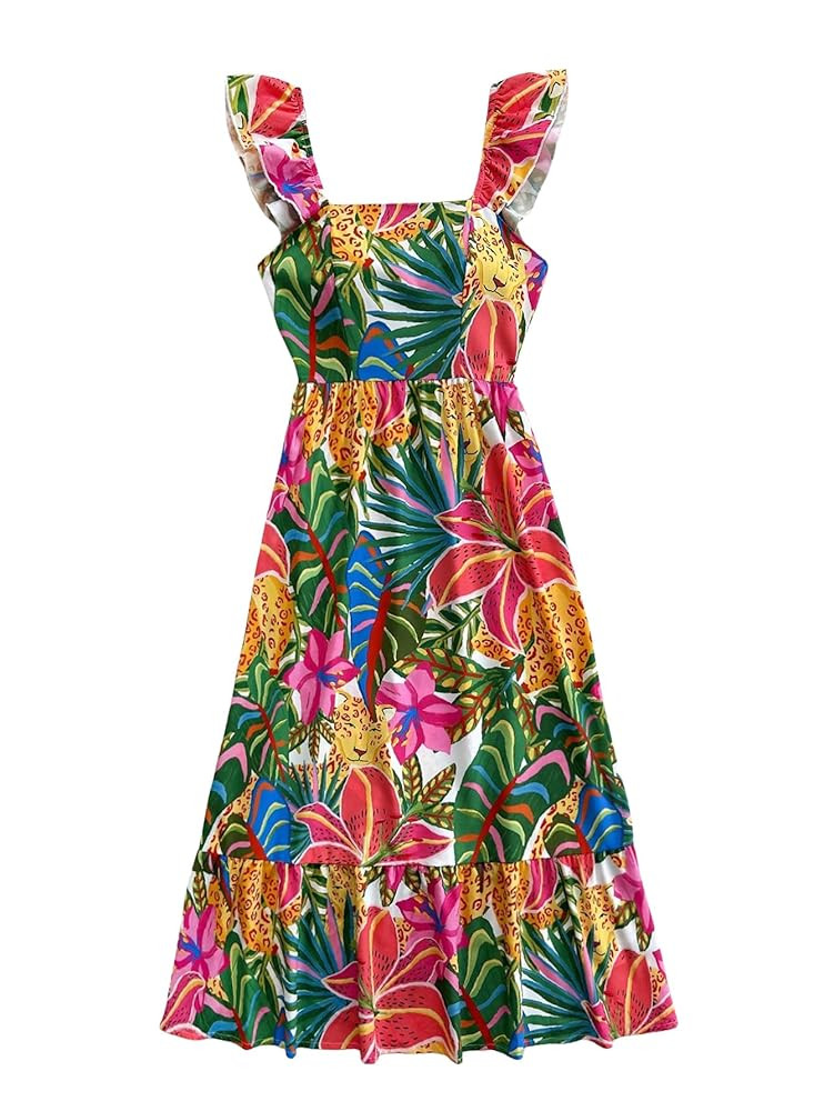 SOLY HUX Women's Summer Tropical Midi Dresses Square Neck Beach A-Line Sun Casual Boho Floral Pri... | Amazon (US)