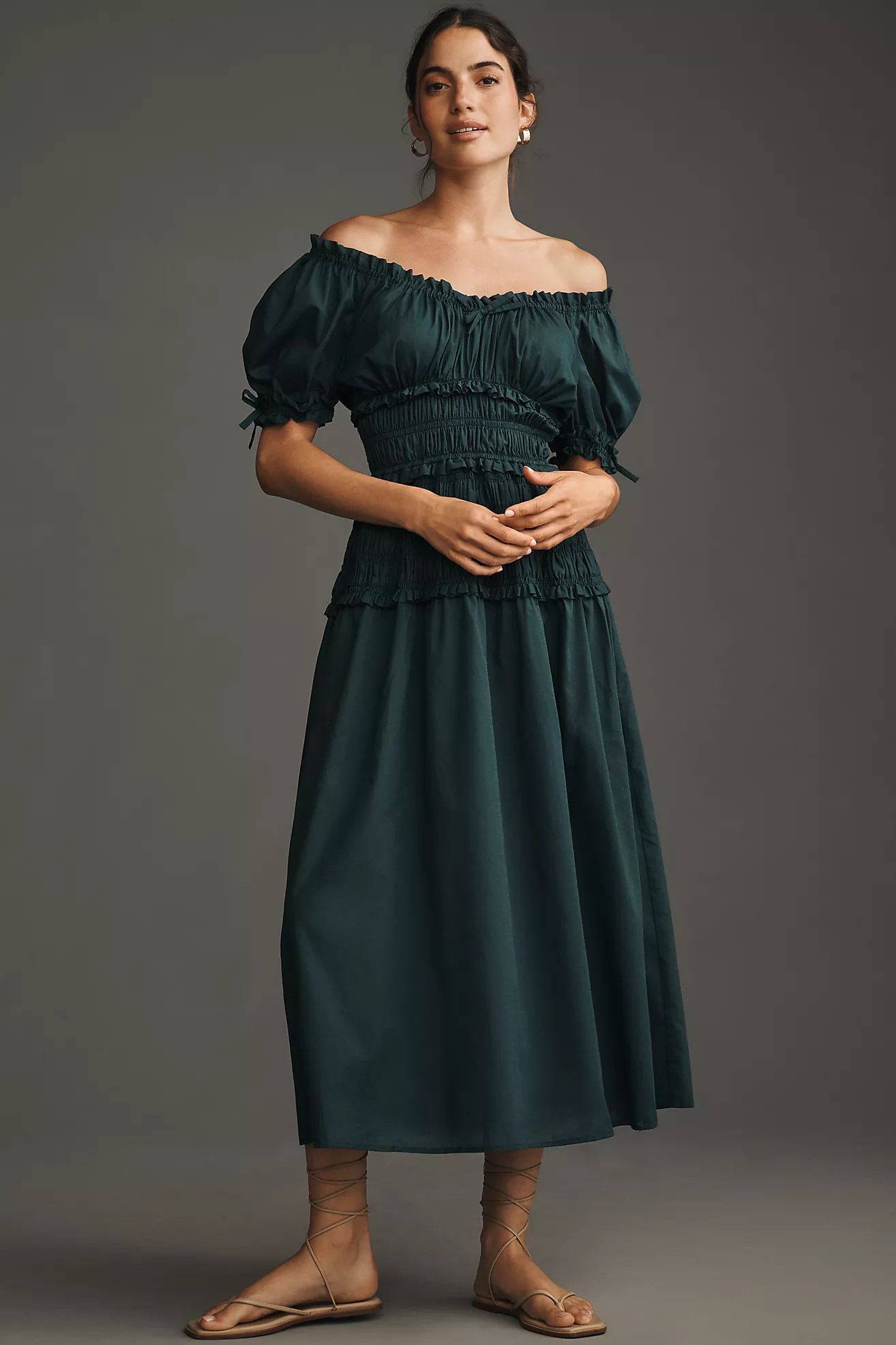 Hutch Short-Sleeve Off-The-Shoulder Smocked Midi Dress | Anthropologie (US)