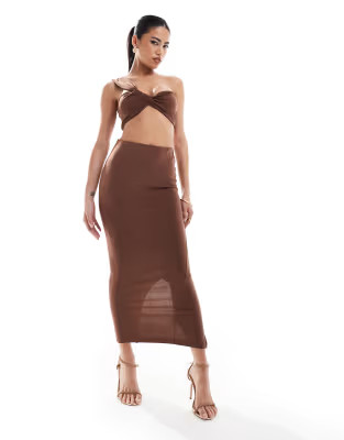 New Look ruched back midi skirt in dark brown | ASOS (Global)