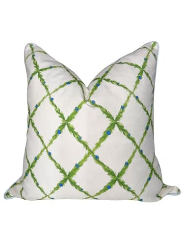 Jillien Harbor “The Lattice” Spring Decorative Festive Pillow Cover – Garden-Inspired White Accent Pillow Cover with Grey-Blue Pipping – Grandmillennial Home Decor, 20" x 20" | Amazon (US)