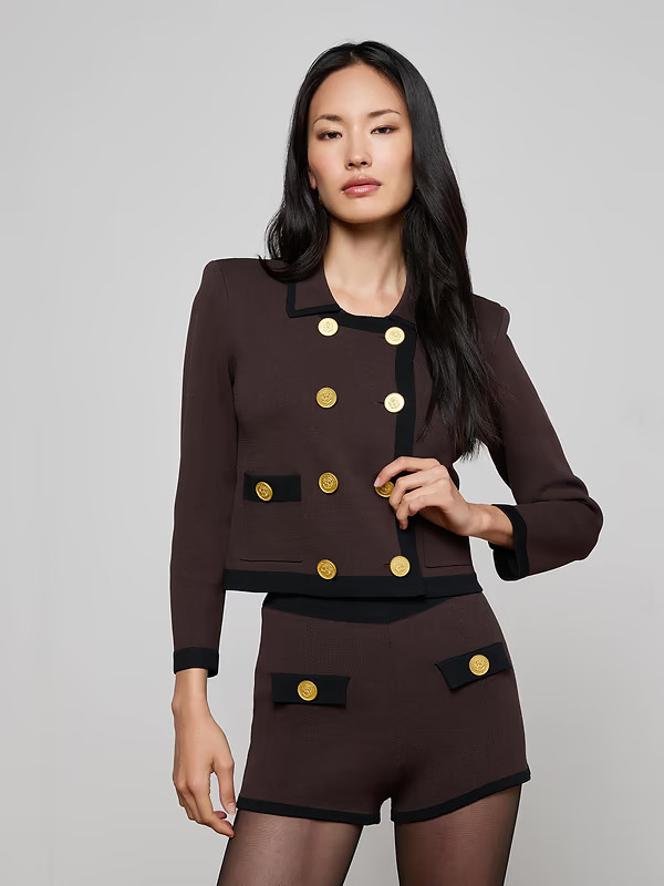Janu Cropped Knit Jacket in Dark Brown/Black | L'AGENCE | L'Agence