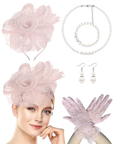 Bniksok 1920s Blush Pink Fascinators Hat Set for Women Tea Party Hats Veil Mesh Feather Headband Lace Gloves Set | Amazon (US)