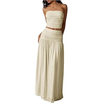 Verdusa Women's 2 Piece Sets Summer Skirt Set Brunch Vacation Outfits Ruched Strapless Bandeau To... | Amazon (US)